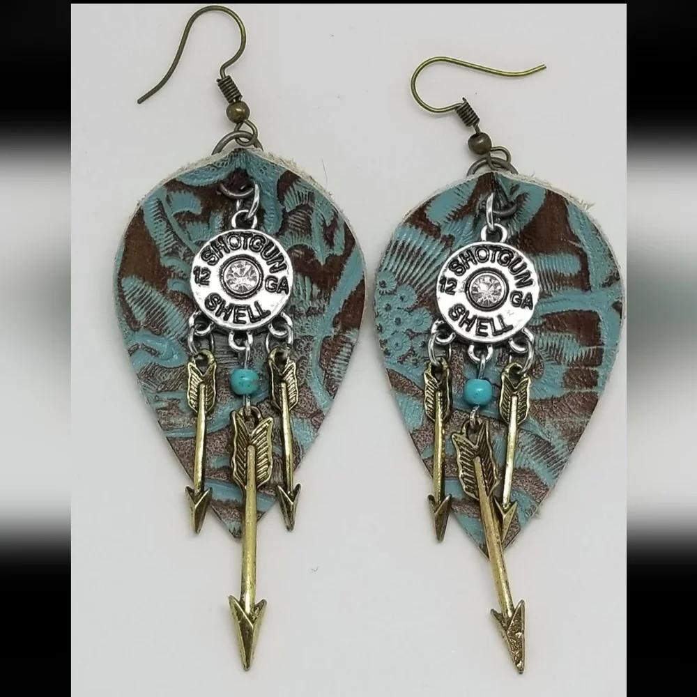 NWT Turquoise, Bronze Arrow Earrings With Shotgun Shell Genuine Leather